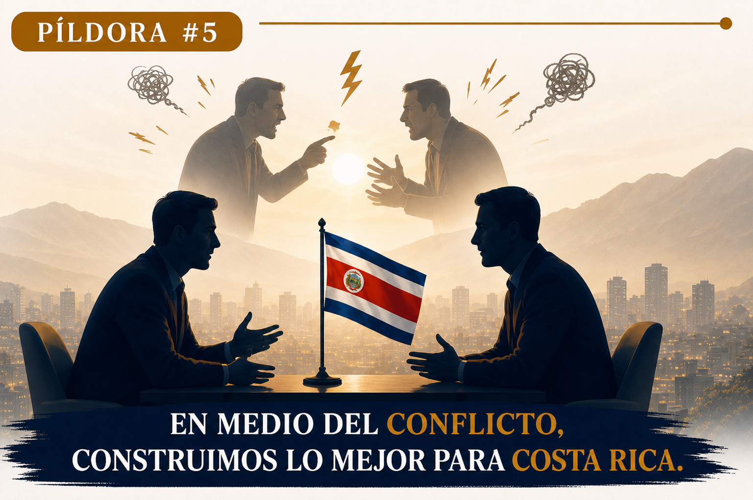 Escena de la Píldora 5: dos hombres discuten al fondo y dos hombres conversan al frente con la bandera de Costa Rica en el centro.